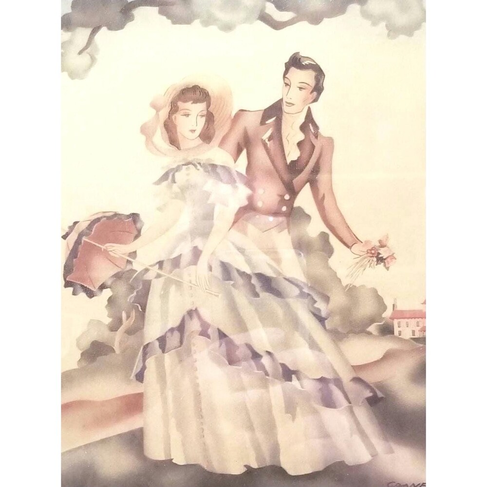 Vintage Framed Lithograph: Victorian Courting Couple, Signed Art (13.5"x11.5")